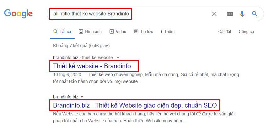 câu lệnh allintitle trong truy vấn từ khóa